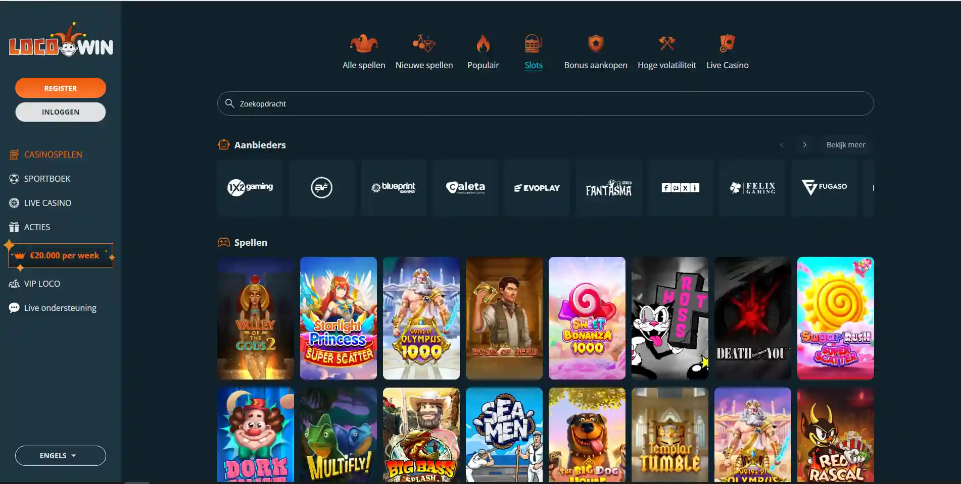 Locowin casinobibliotheek met categorieën voor nieuwe spellen, populaire slots, bonus buys en live casino