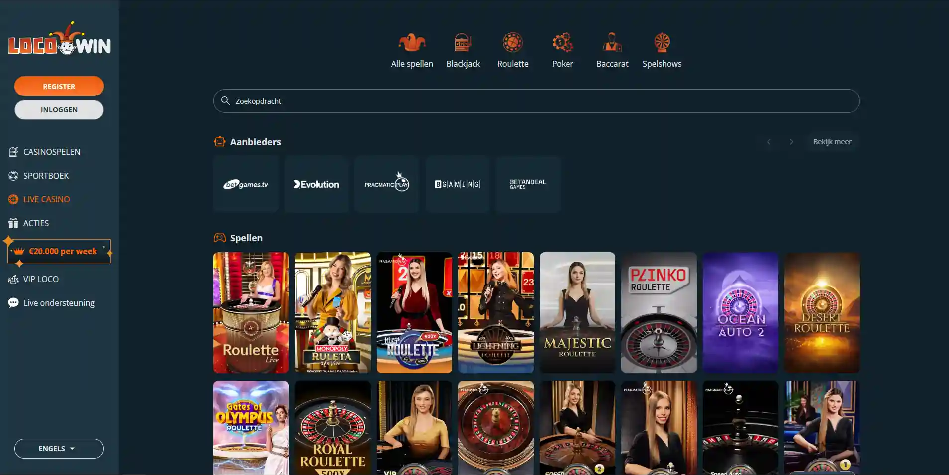 Actuele Locowin live-casino lobby met categorieën voor live dealer-spellen