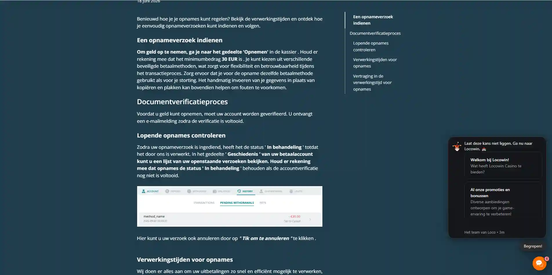 Schermafbeelding van de officiële Locowin-help over het aanvragen en volgen van een opname