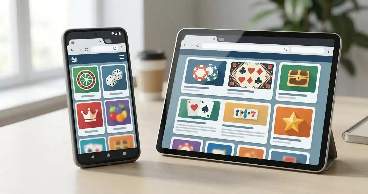 Illustratie van een smartphone en tablet waarmee een online casino via de webbrowser wordt gebruikt
